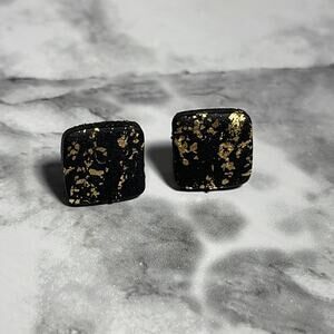 Handcrafted Square Black With Gold Flakes Hypoallergenic Post Stud Earrings NWOT